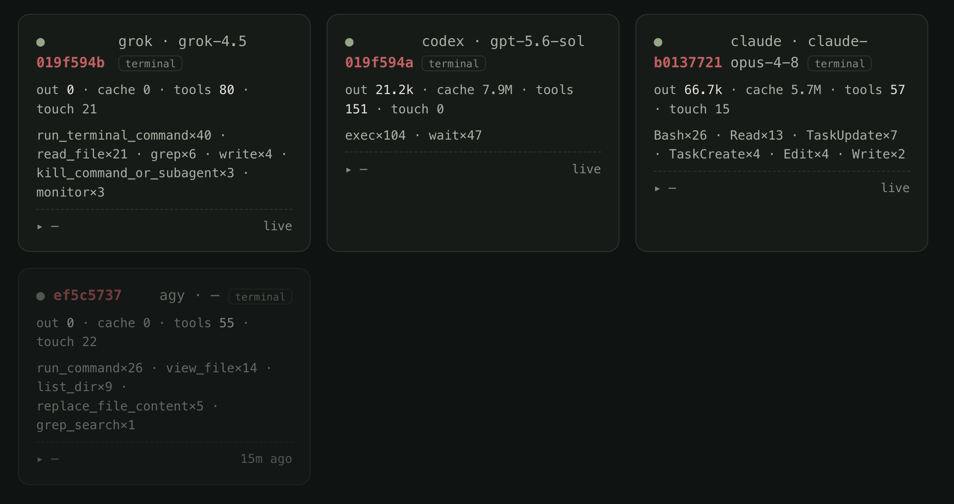 organum control tower — four AI cells from four vendors (grok, codex, claude, agy) observed live, each with model, tools, and tokens